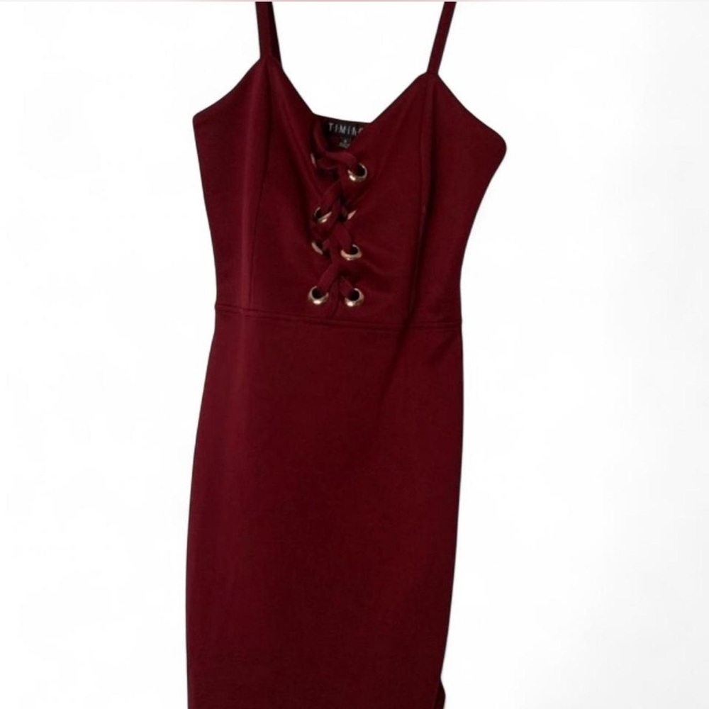 Lulu's Burgundy Lace-Up Spaghetti Strap Midi Dress
